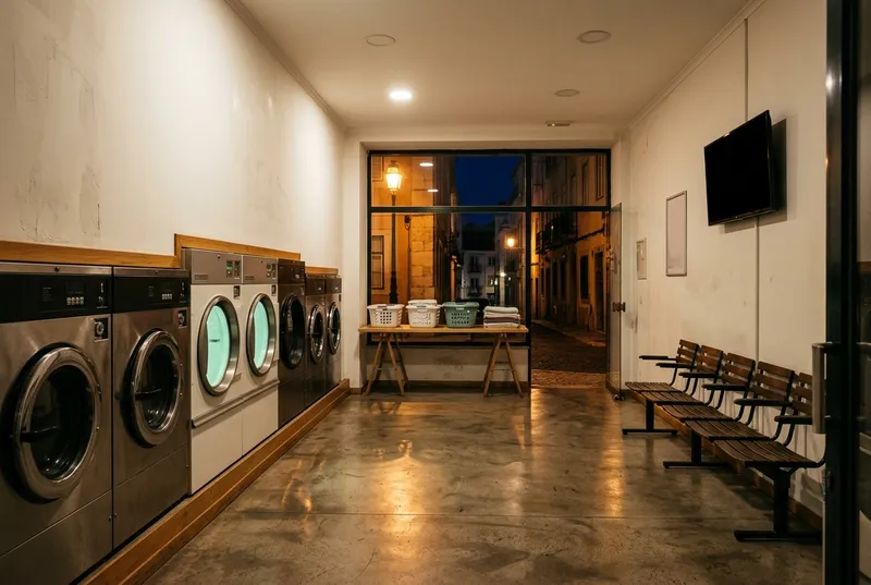 Interior limpo e bem iluminado da lavandaria self-service Impec em Lisboa