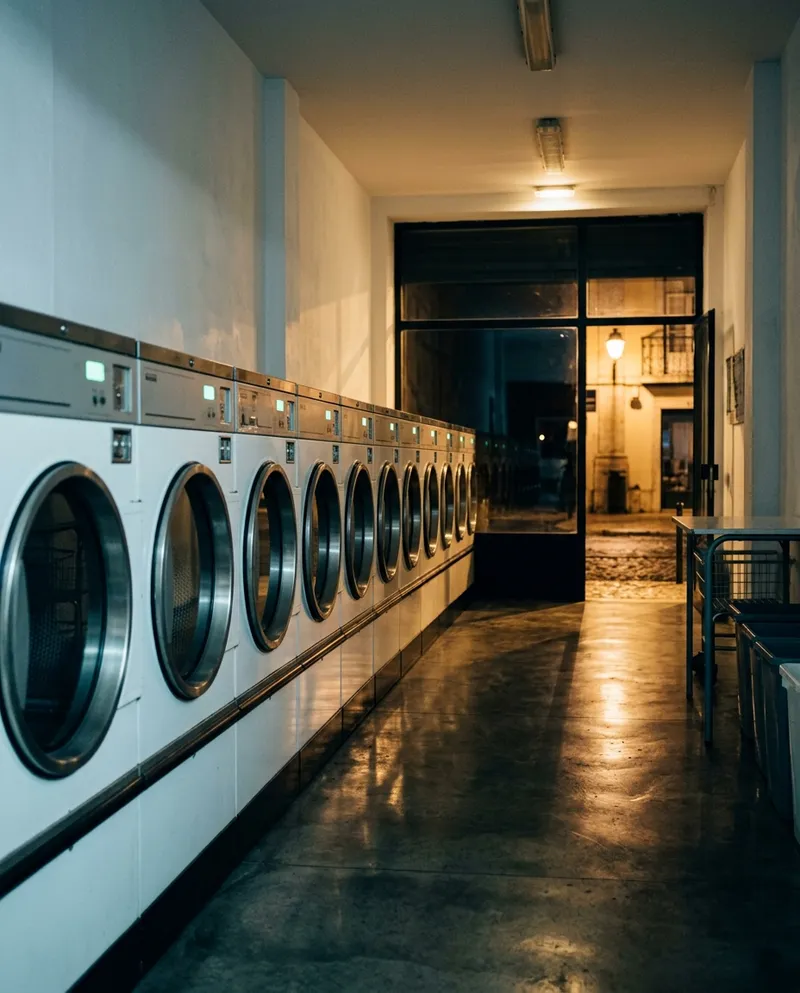 Fila de máquinas de lavar profissionais iluminadas na lavandaria self-service Impec à noite