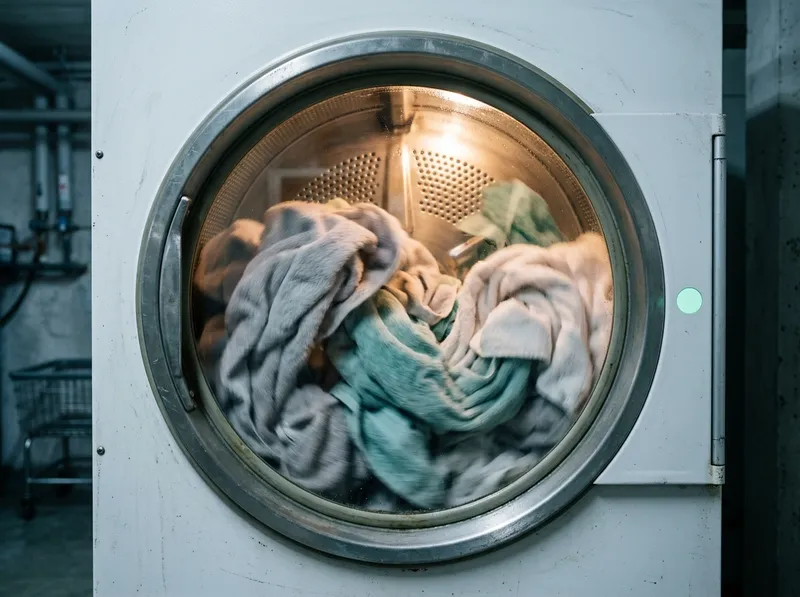 Roupa a rodar dentro de um secador profissional, vista através do vidro